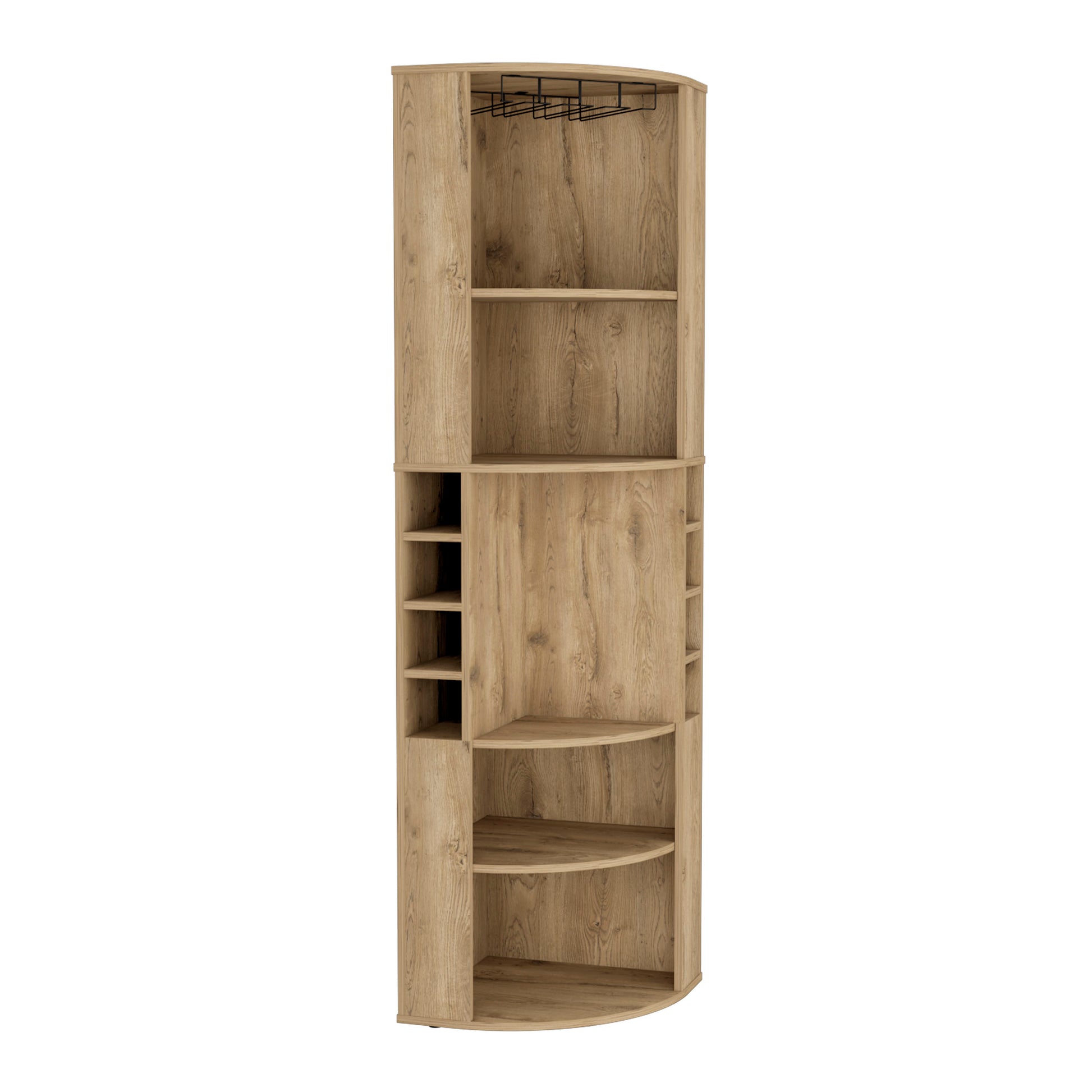 Tall wooden corner bar cabinet with wine glass rack and bottle shelves