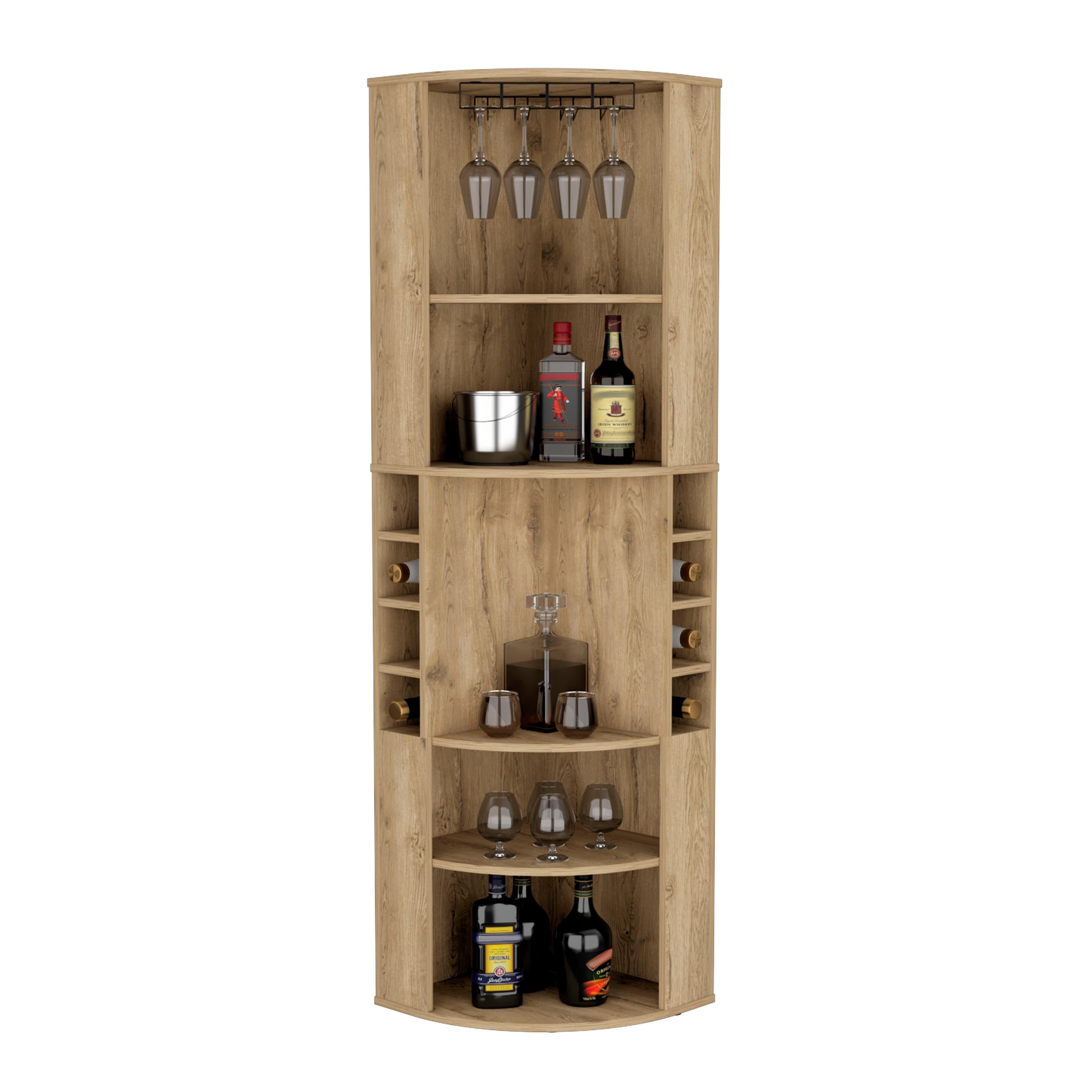 Wooden corner bar cabinet with wine rack and glass holders