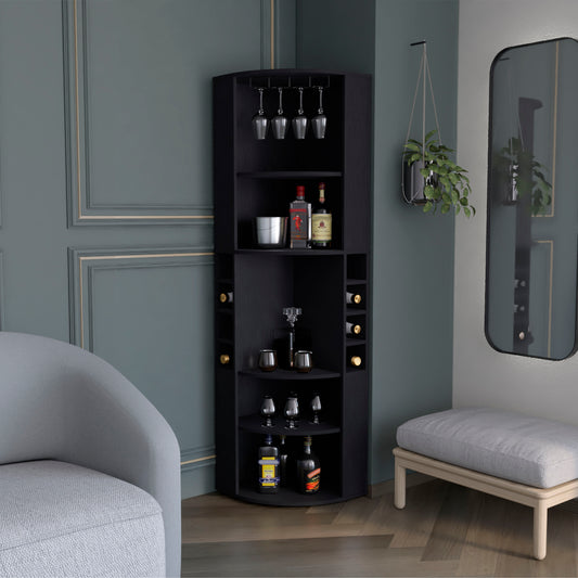 Black corner bar cabinet with wine rack and glass holders