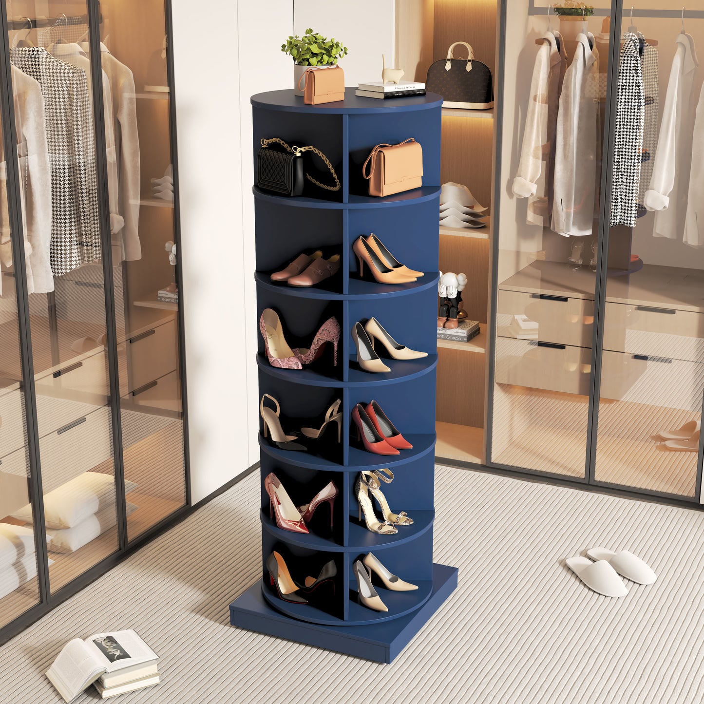 A blue rotating shoe rack displaying various womens high heels and handbags