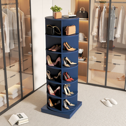 A blue rotating shoe rack displaying various womens high heels and handbags
