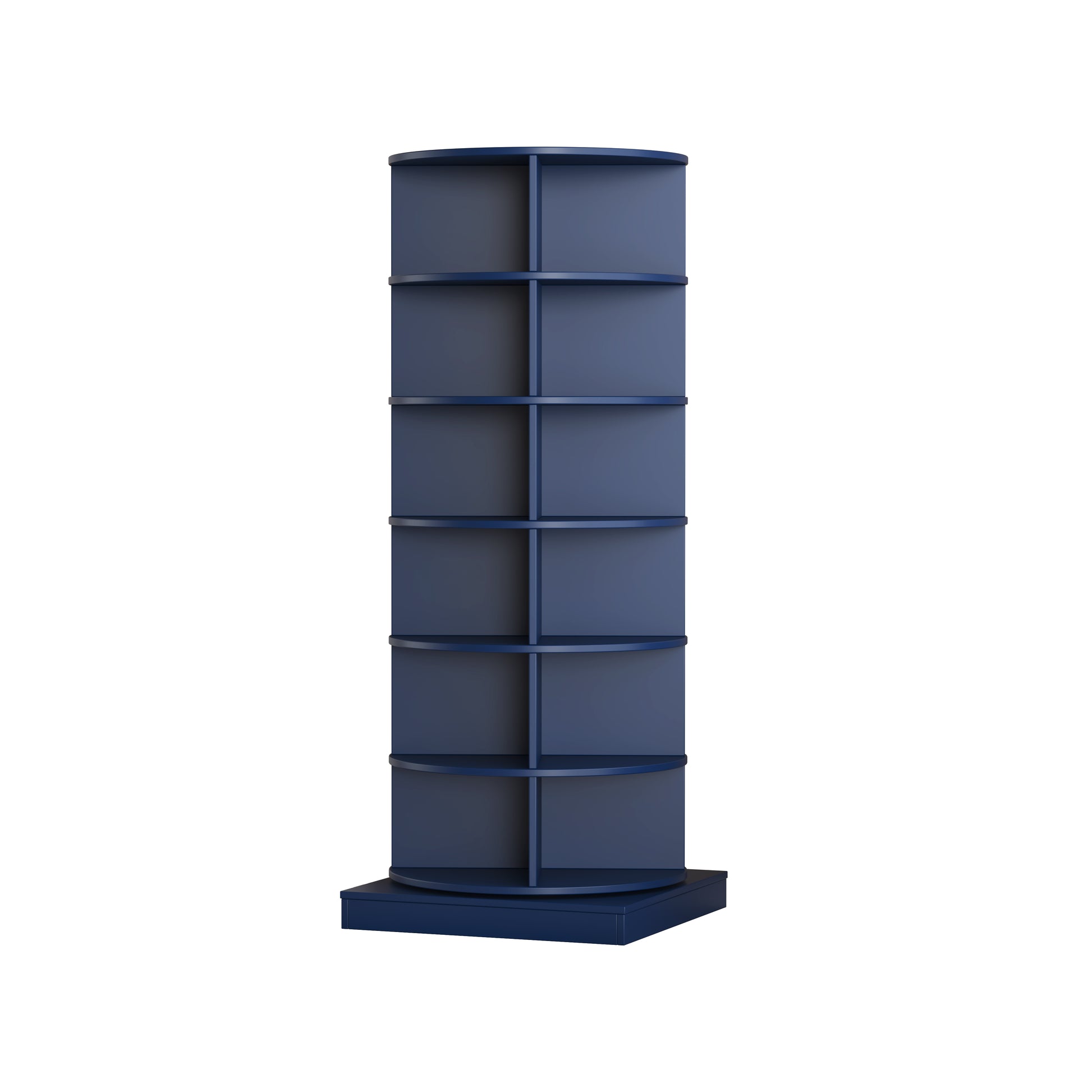 Tall navy blue corner shelf unit with five curved shelves