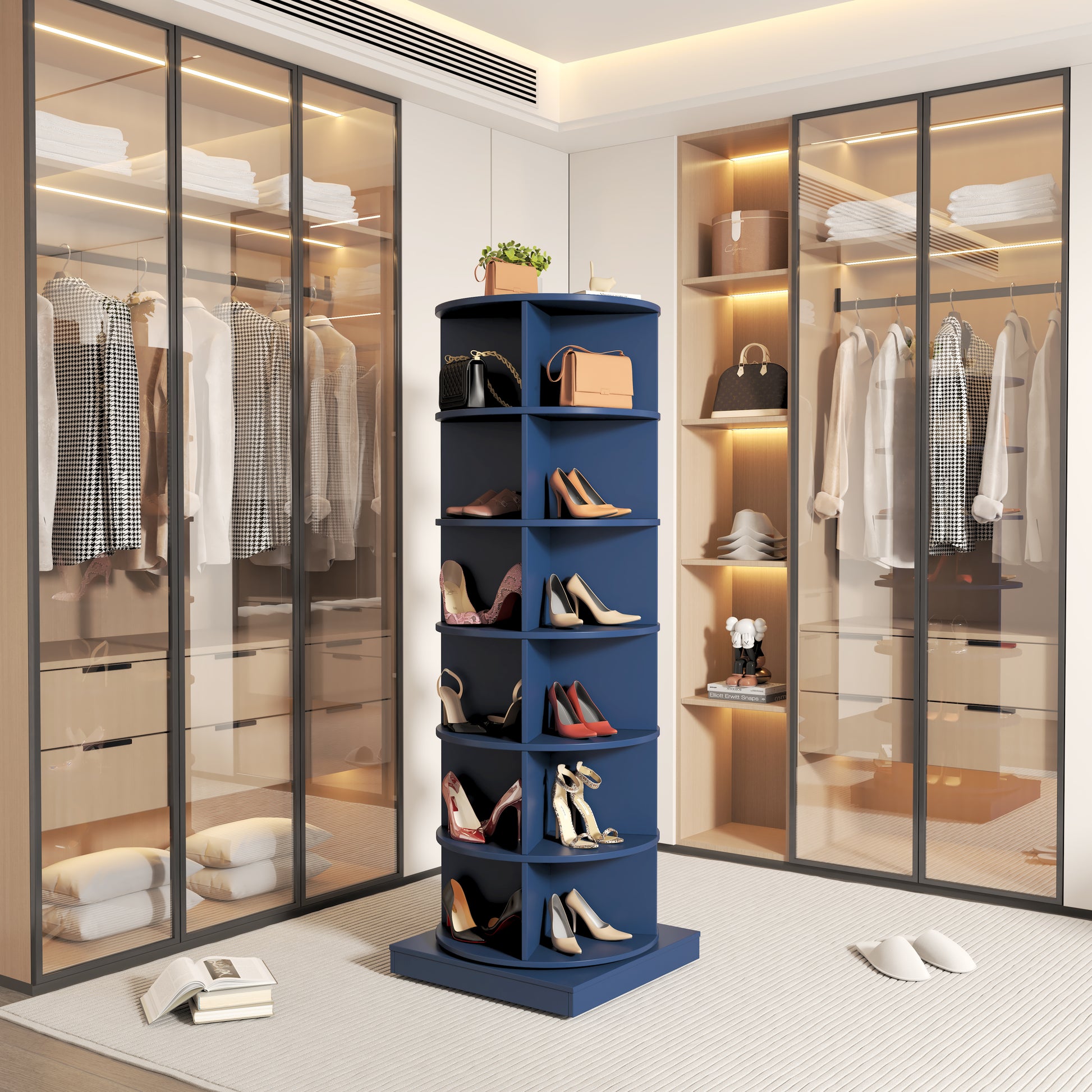 Blue rotating shoe rack displaying black and tan heels