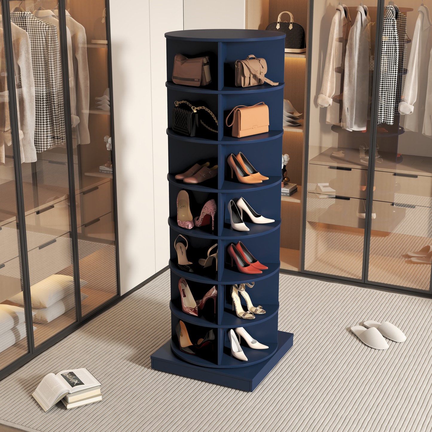 Navy blue degree shoe rack with leather handbags and heels