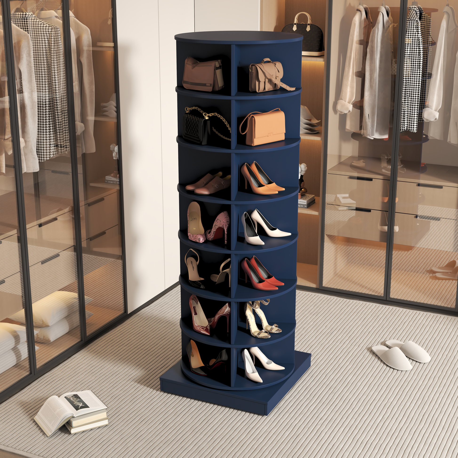 Navy blue degree shoe rack with leather handbags and heels