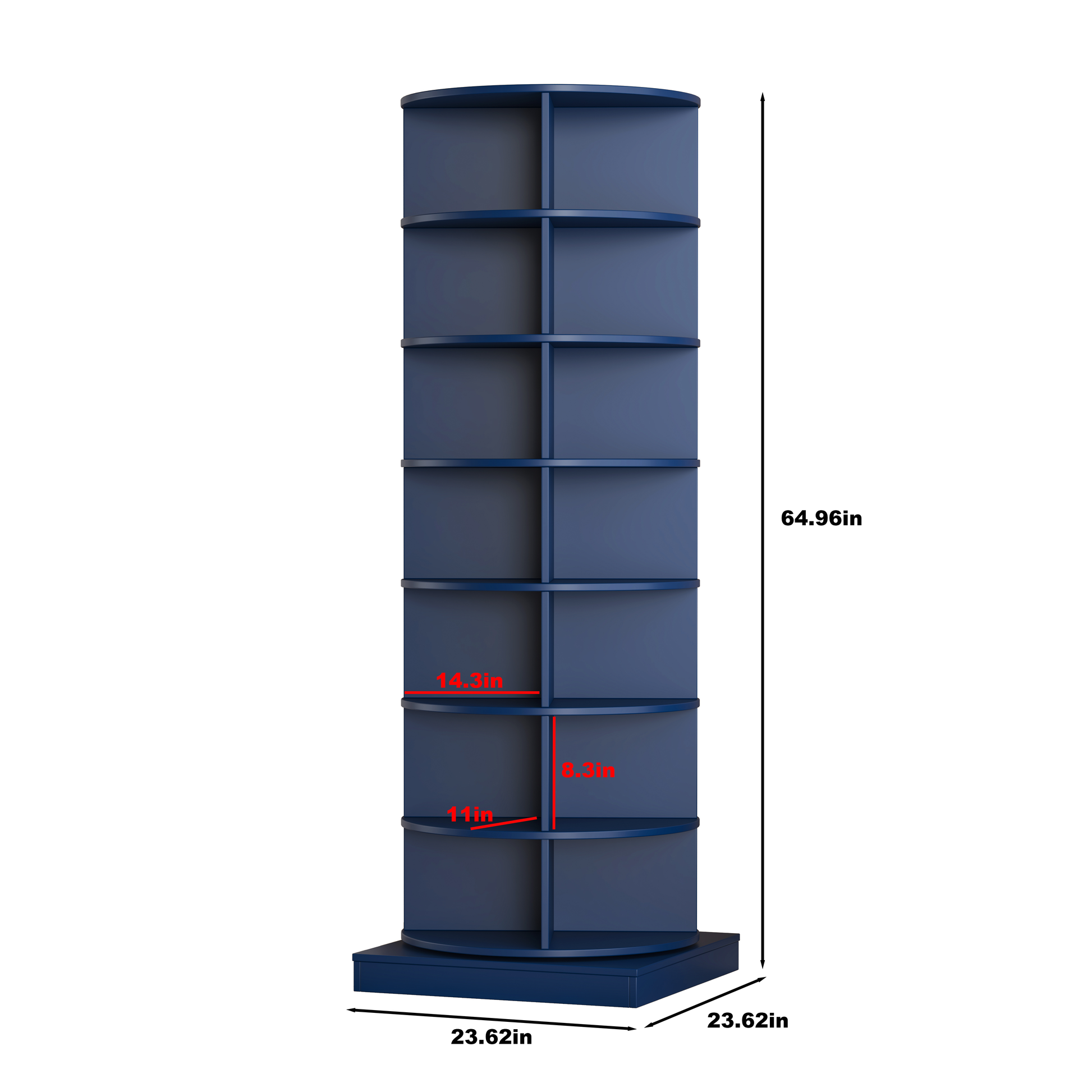 Navy blue rotating bookshelf with  shelves and a modern design