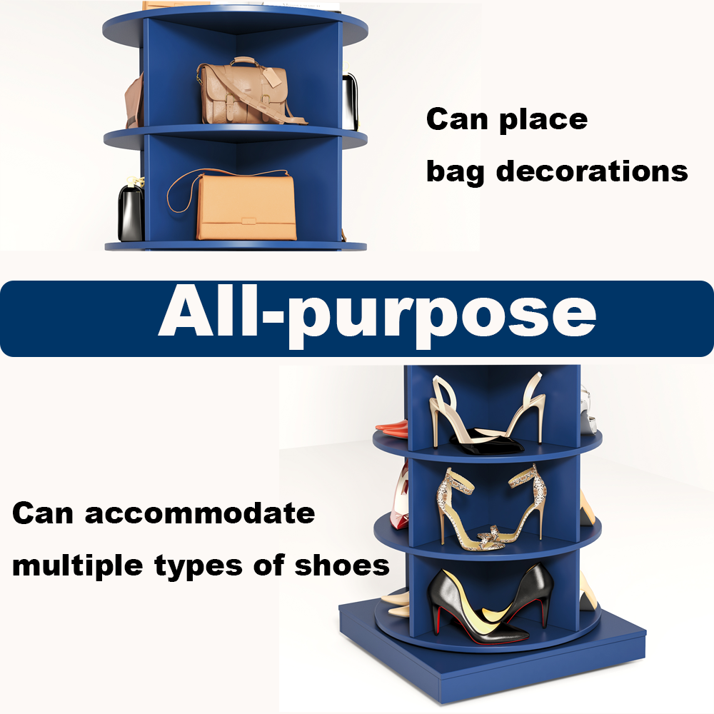 Blue rotating display stand with tan leather briefcase and purse