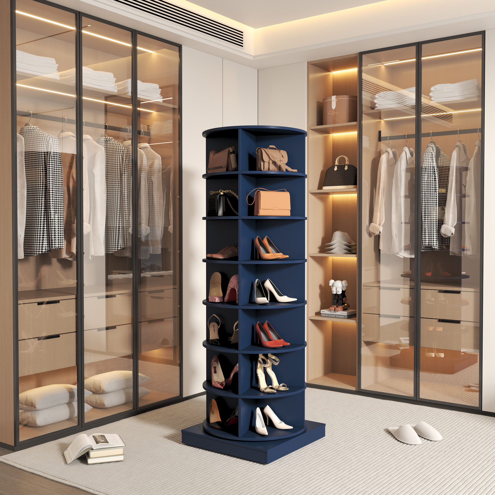 Navy blue revolving shoe rack with assorted heels and pumps