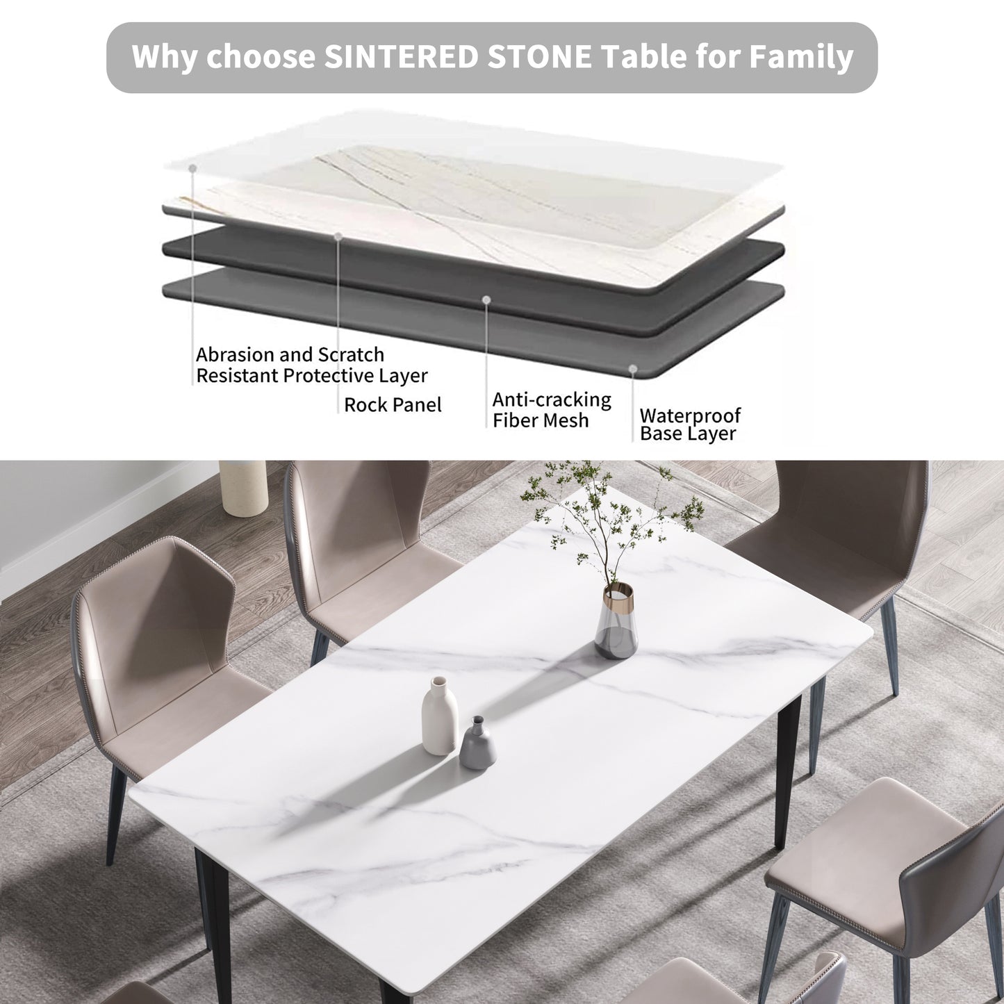 White sintered stone dining table with marble effect and contemporary design