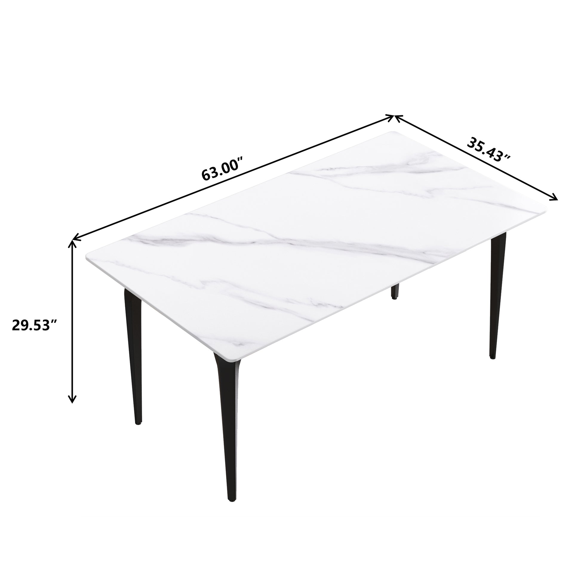 Rectangular dining table with white marblelook top and black tapered legs