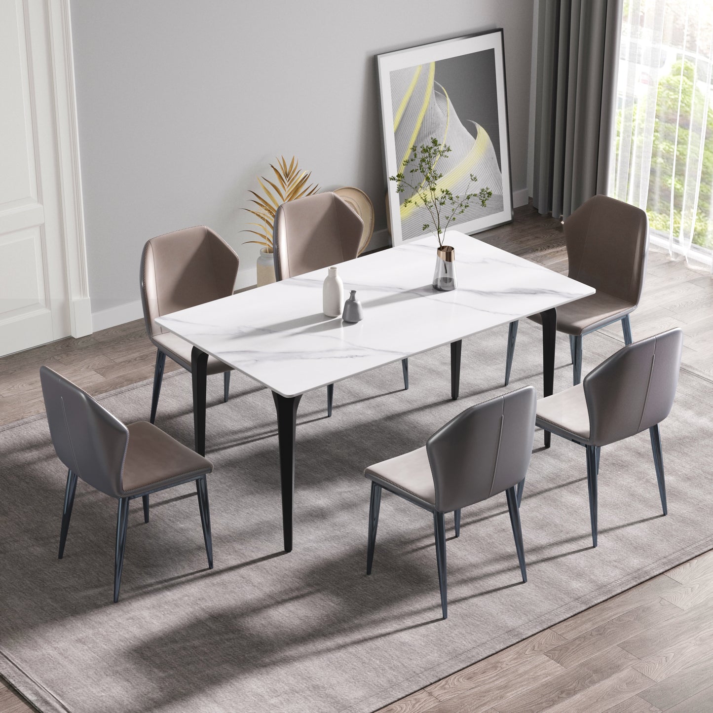 Modern white marble dining table with six taupe upholstered chairs
