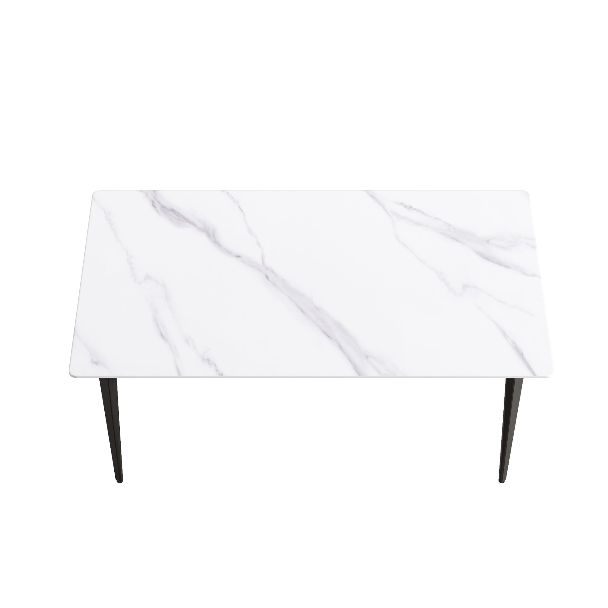 White marble top coffee table with tapered black metal legs