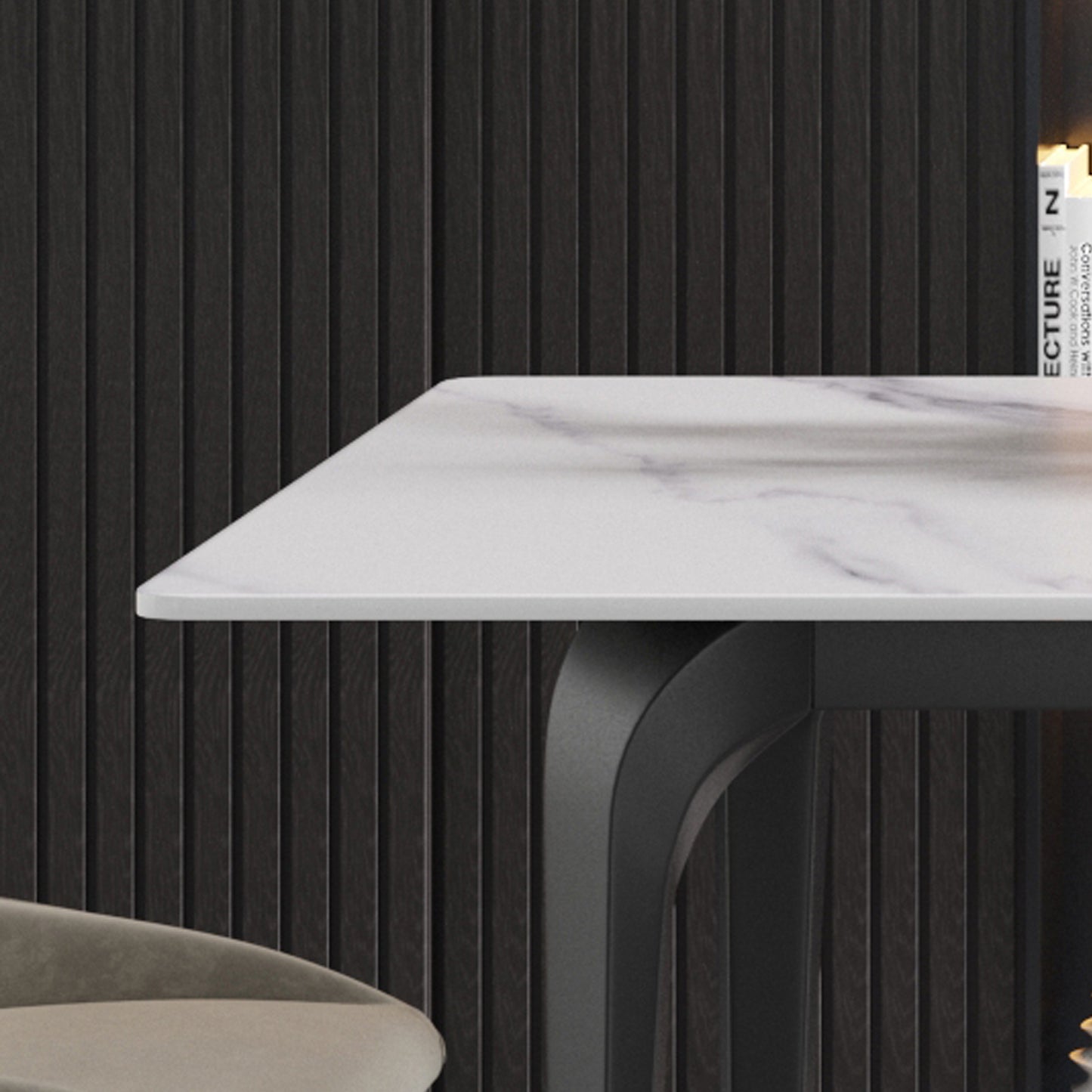 White marble top dining table with matte black curved pedestal leg