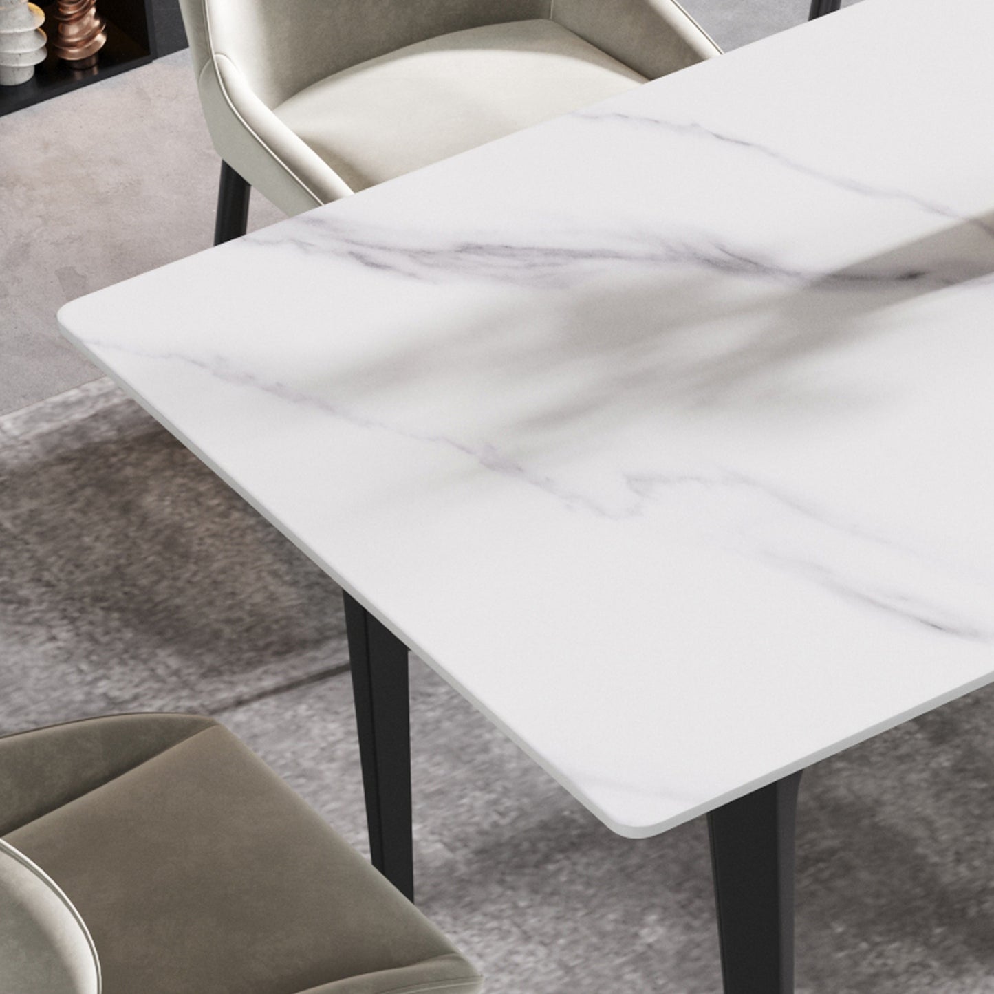 White marble top dining table with black metal legs