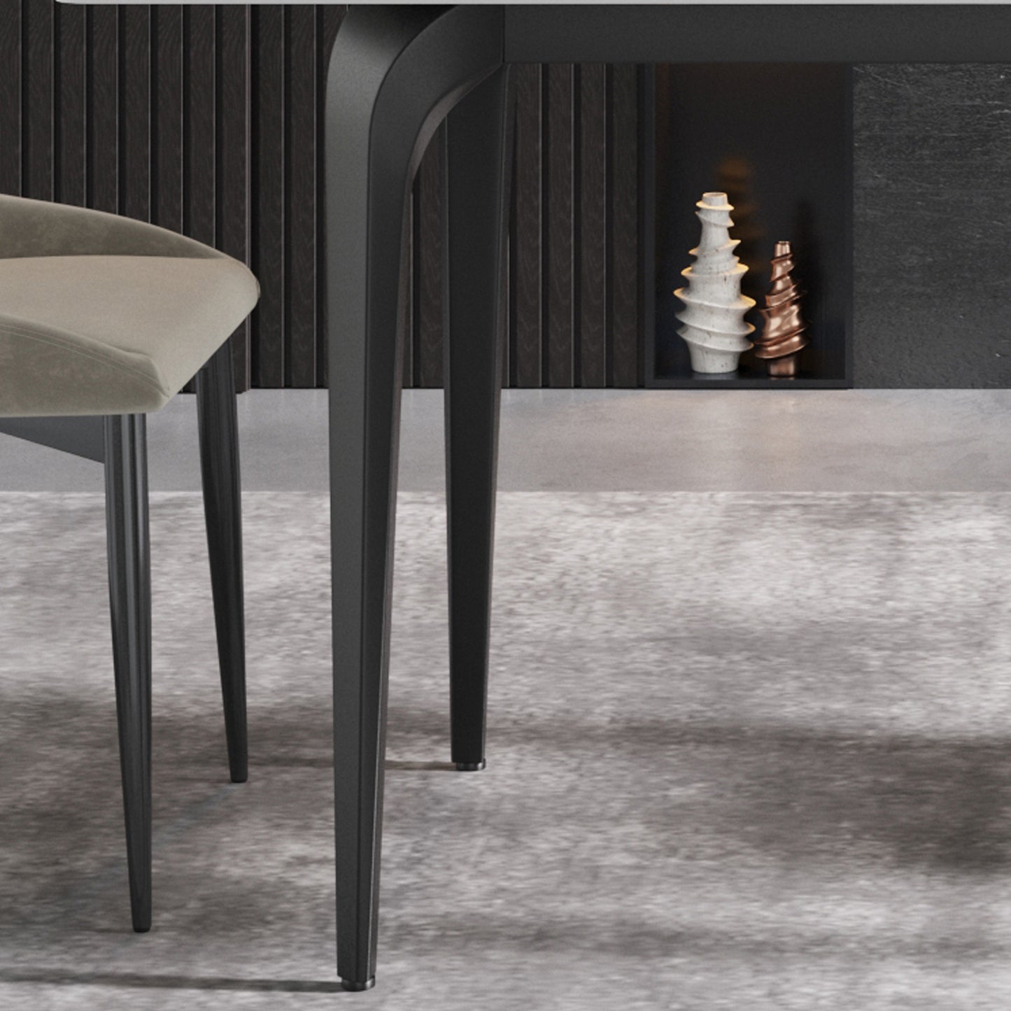 Modern dining chair with plush beige upholstery and sleek black legs