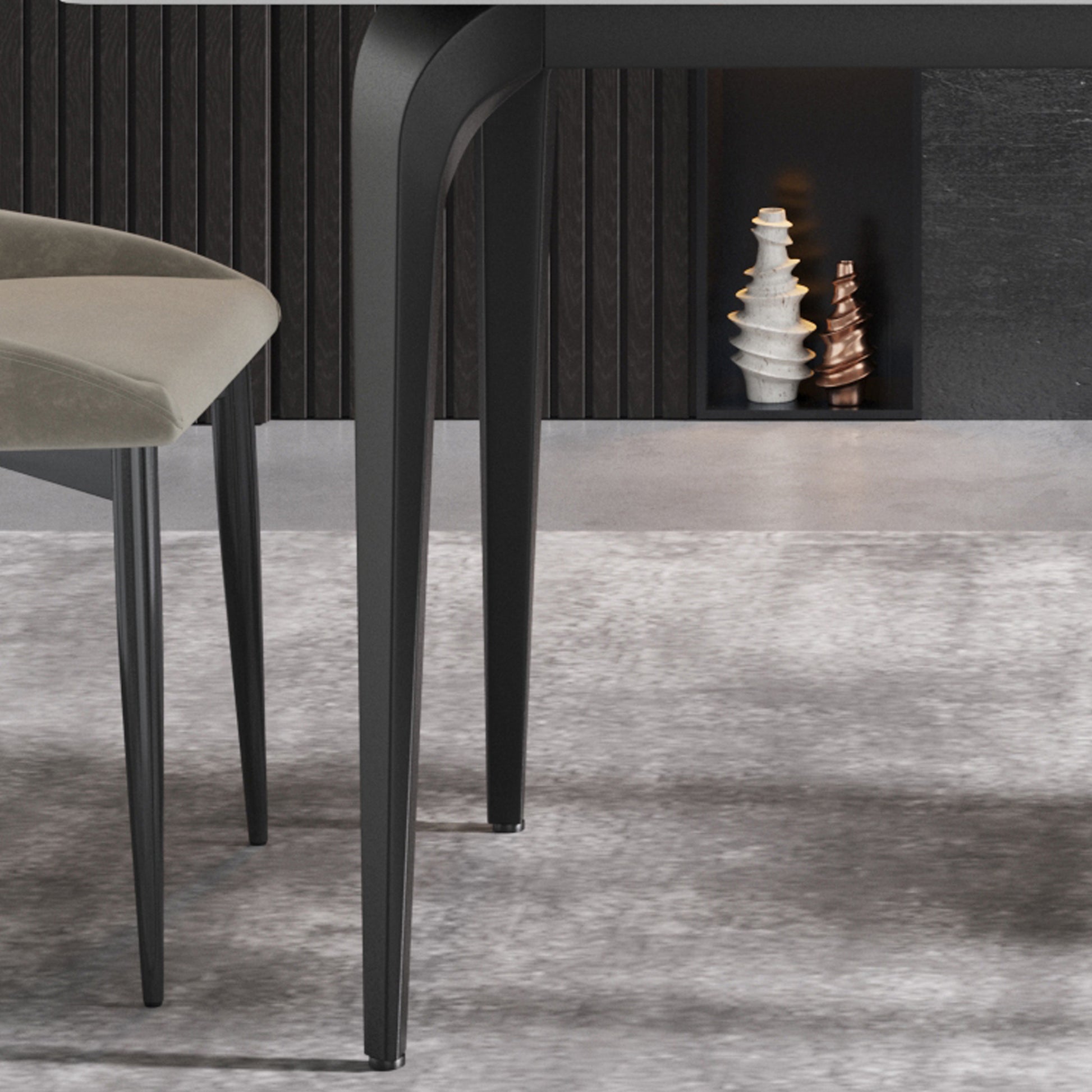 Modern dining chair with plush beige upholstery and sleek black legs