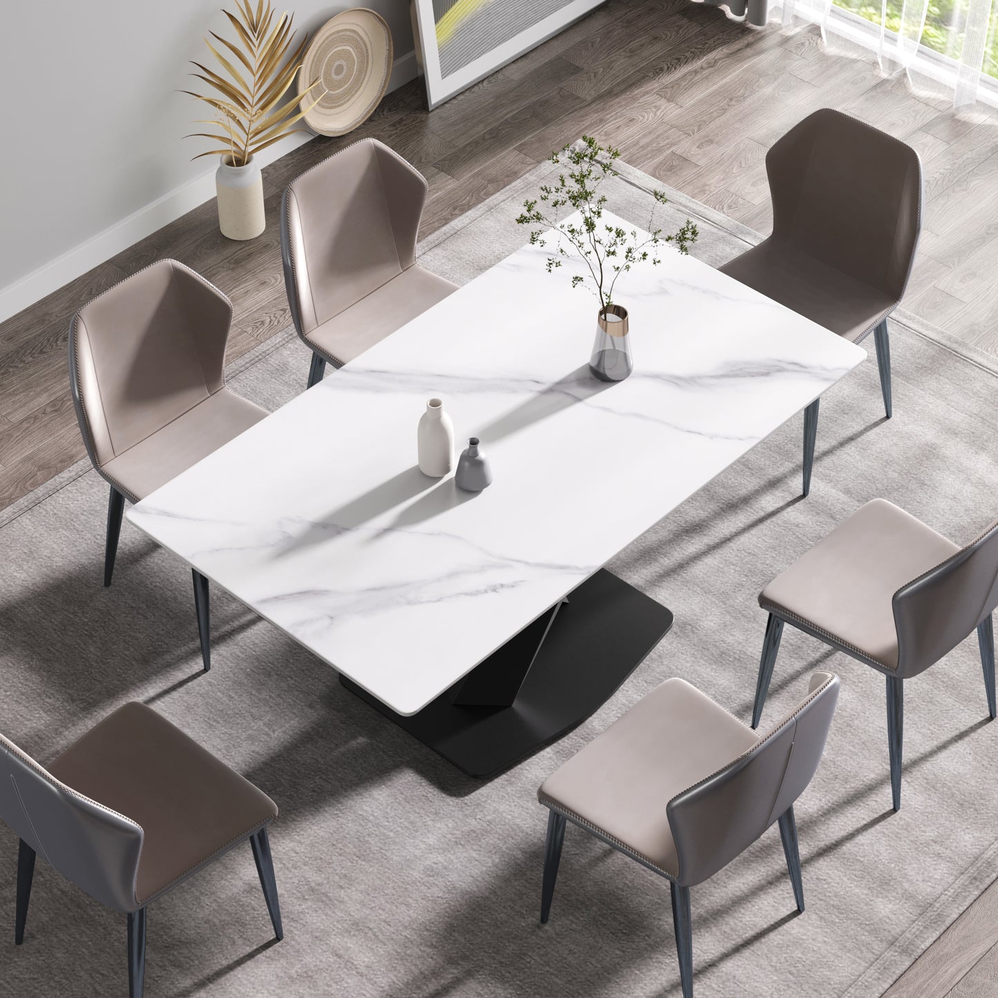 Modern white marble dining table with upholstered beige chairs