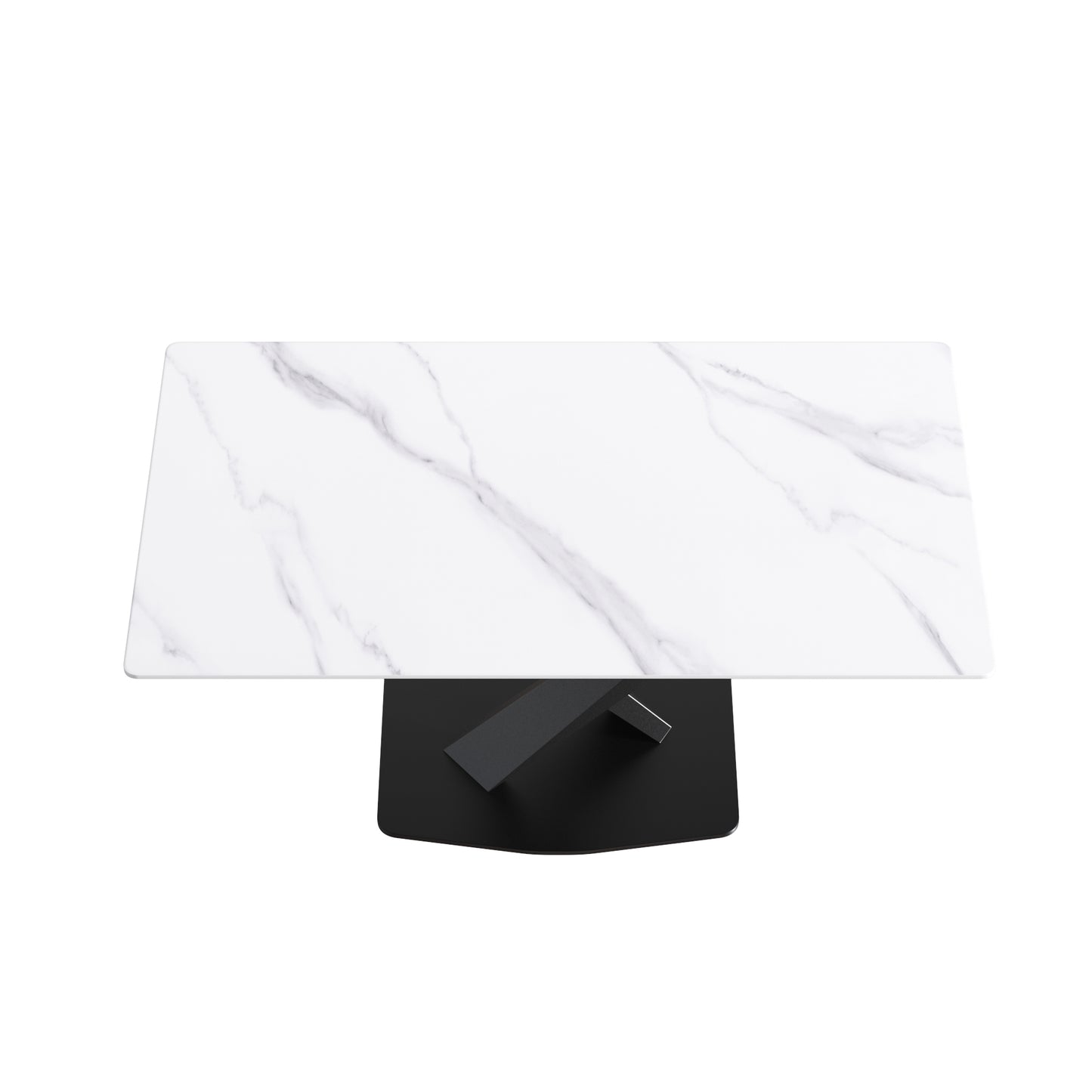 Rectangular white marble top coffee table with sleek black metal pedestal base