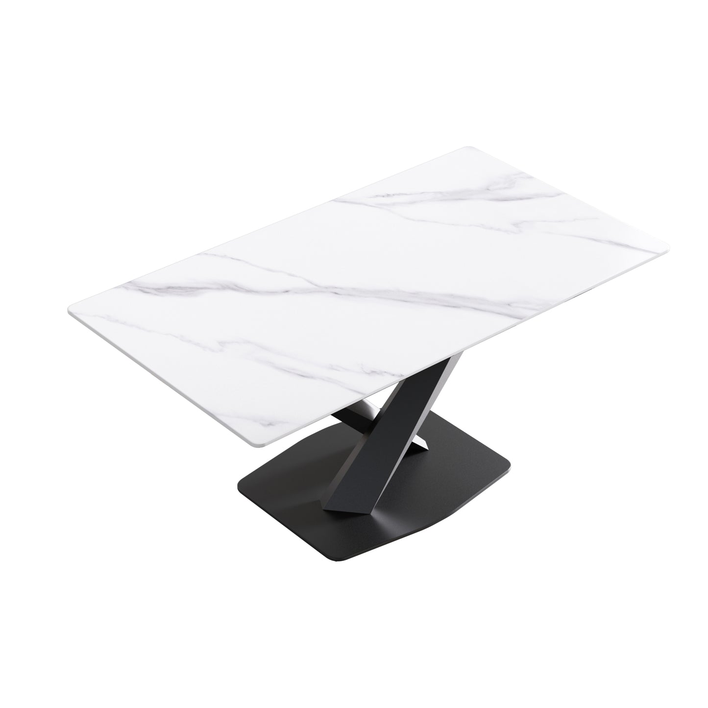 Modern rectangular dining table with white marble top and black pedestal base