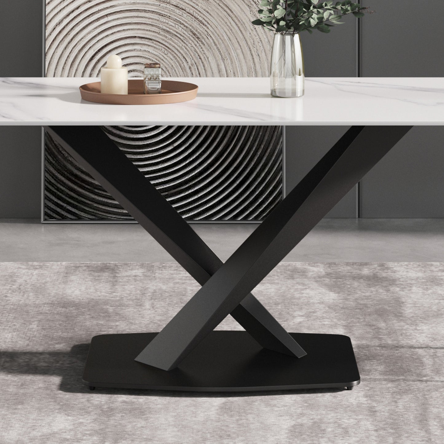 Modern dining table with white marble top and black geometric base