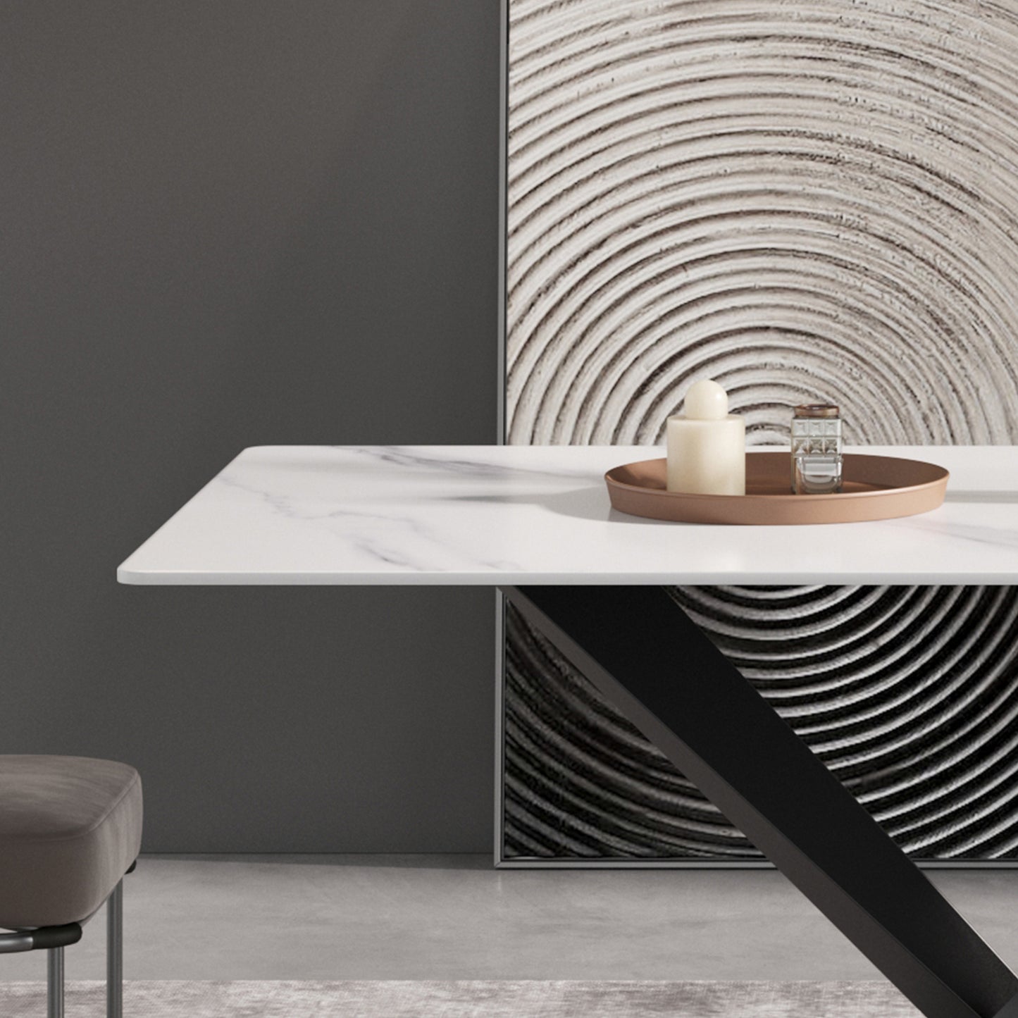 White marble dining table with black angular legs
