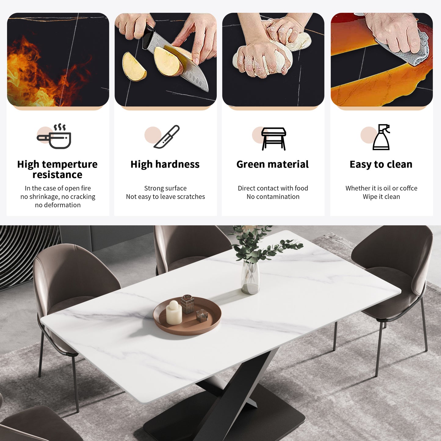 Modern white marble dining table with black metal base