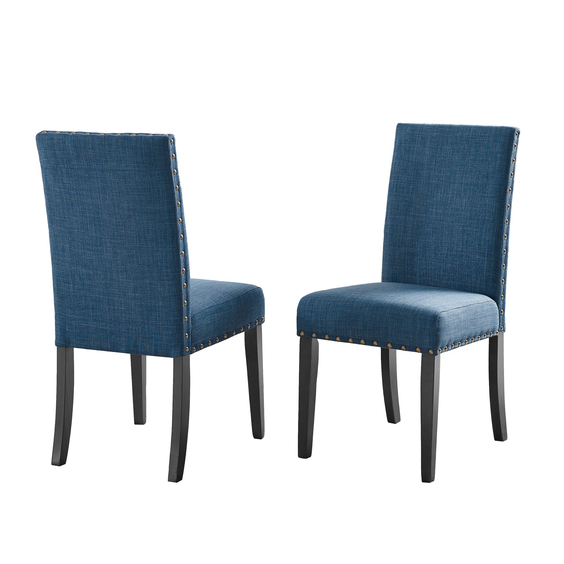 Blue upholstered dining chair with brass nailhead trim and dark wood legs