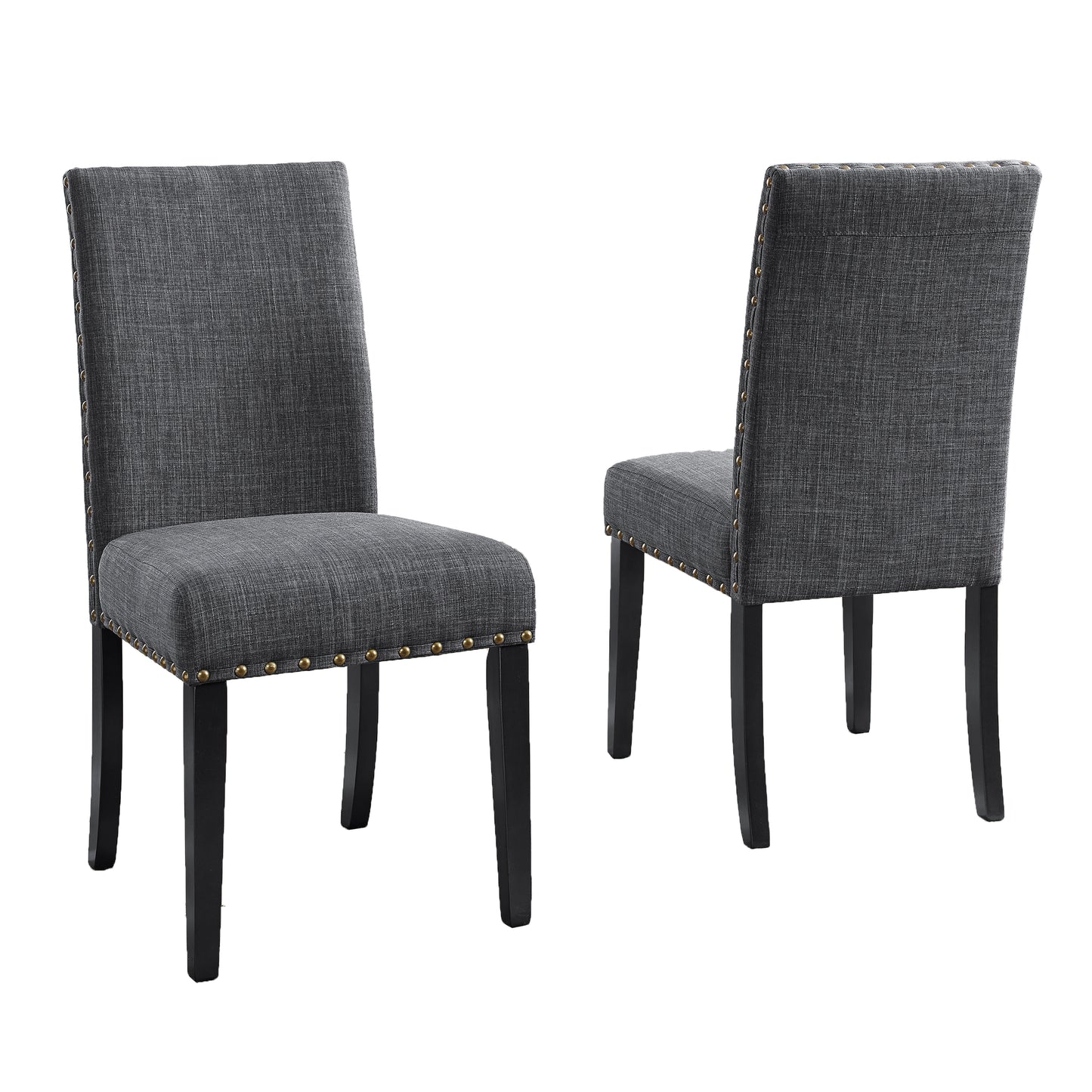 Dark gray fabric dining chair with brass nailhead trim and black tapered legs