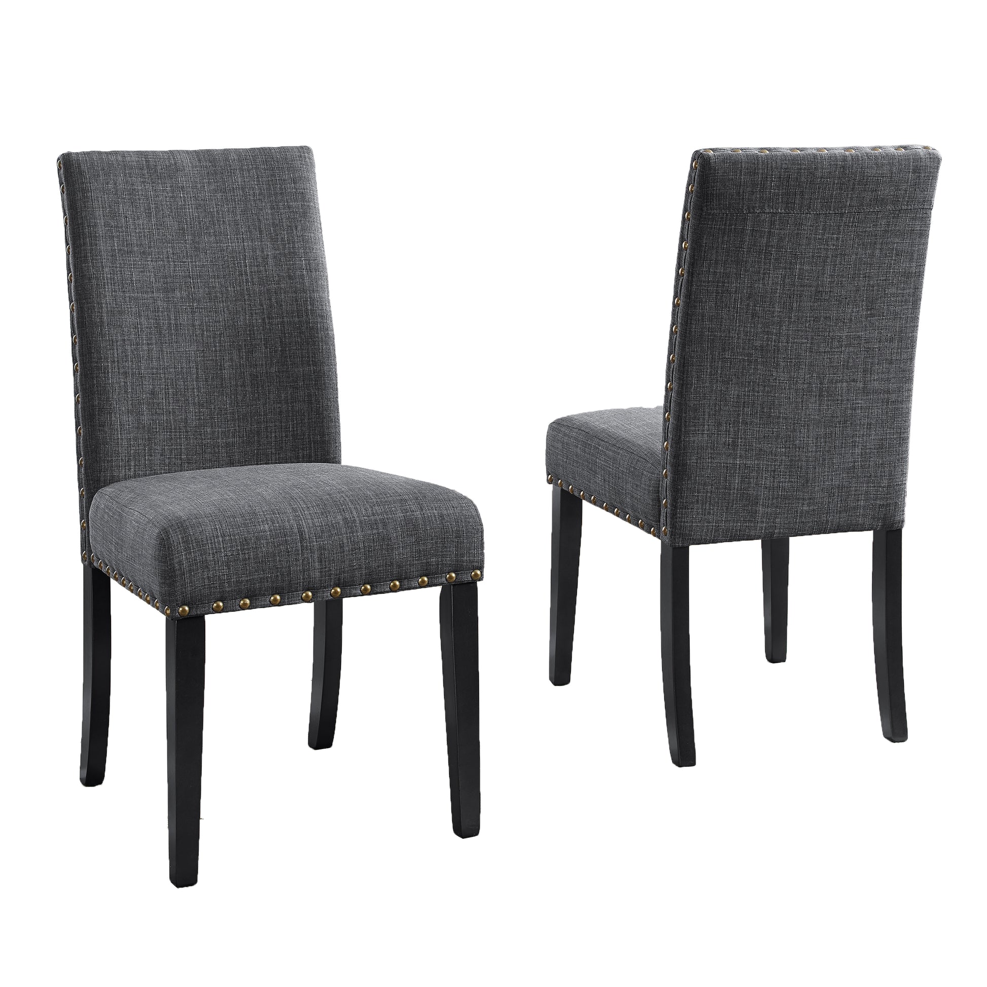 Dark gray fabric dining chair with brass nailhead trim and black tapered legs