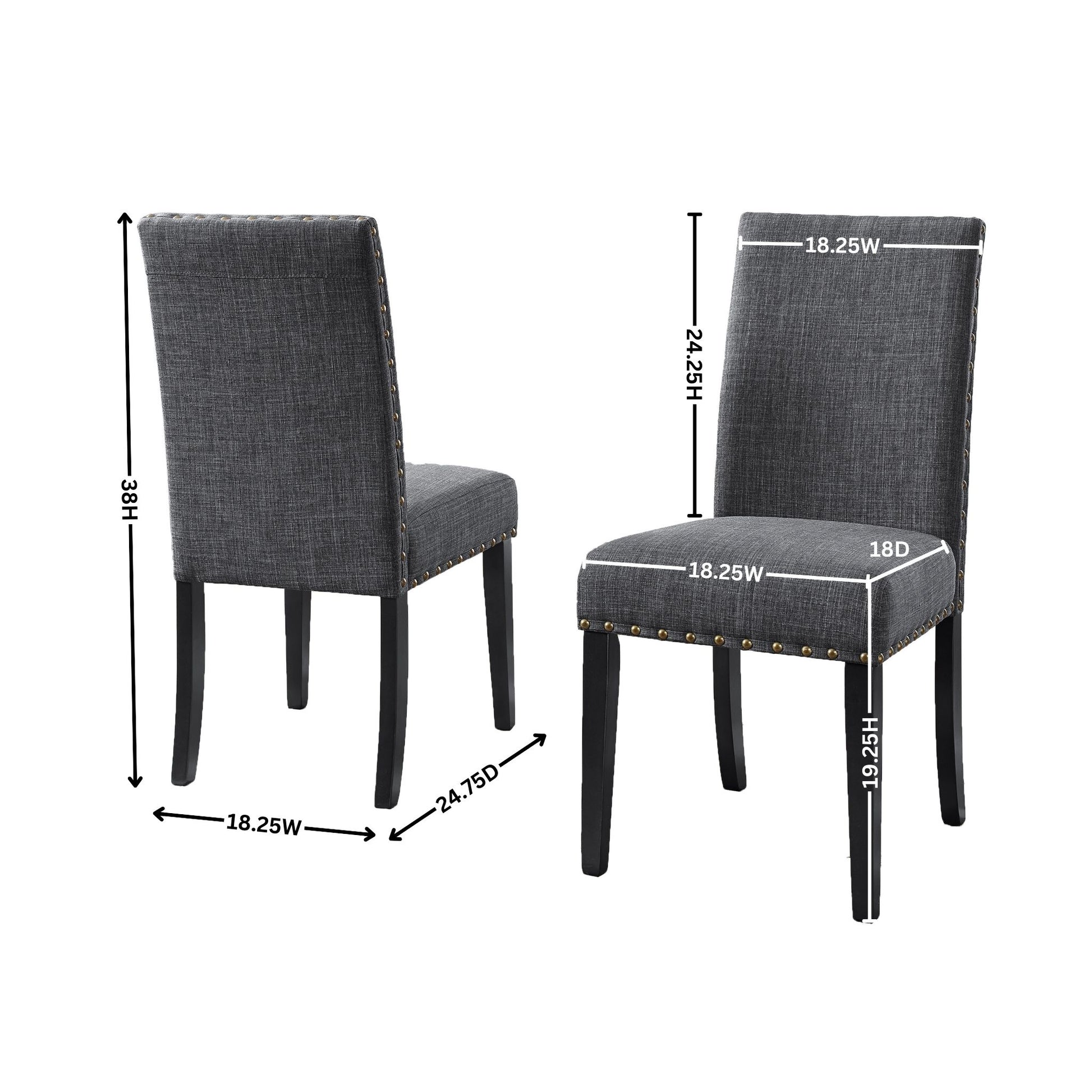 Two gray upholstered dining chairs with nailhead trim and dark wood legs