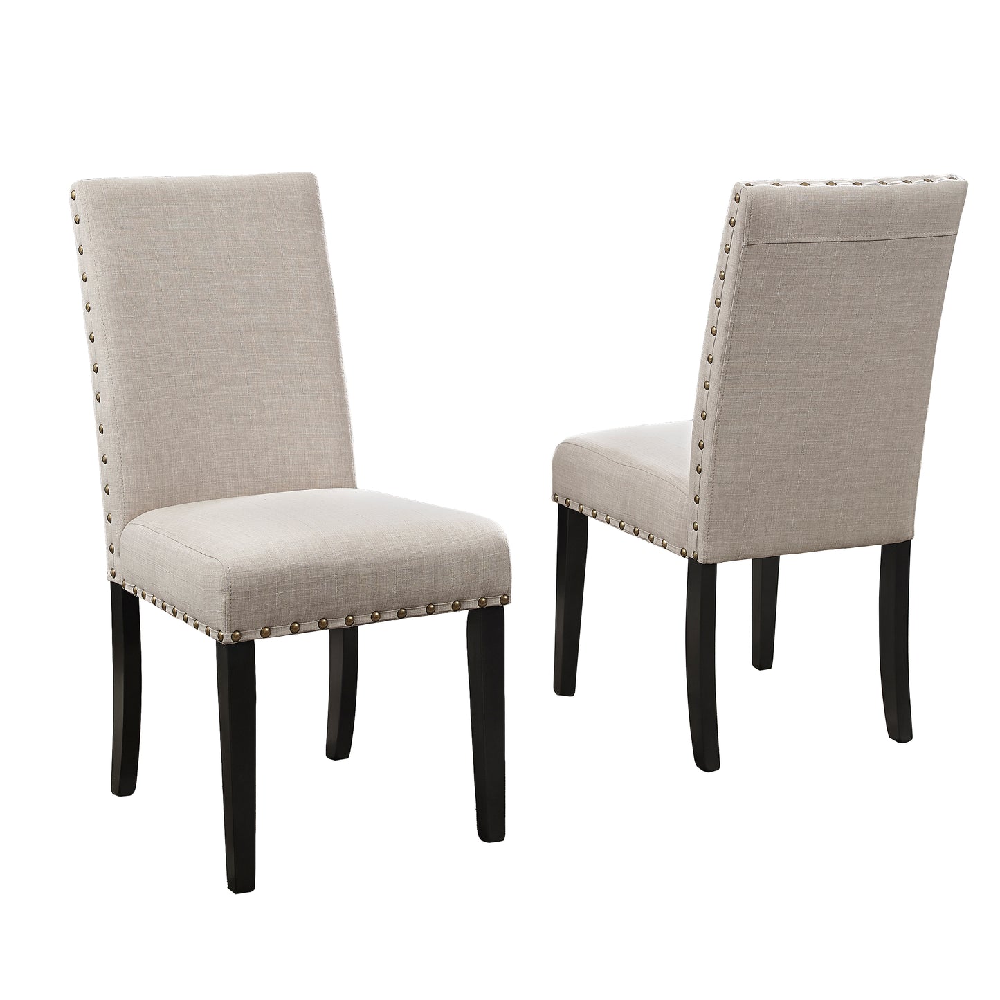 Beige linen dining chair with brass nailhead trim and dark wood legs
