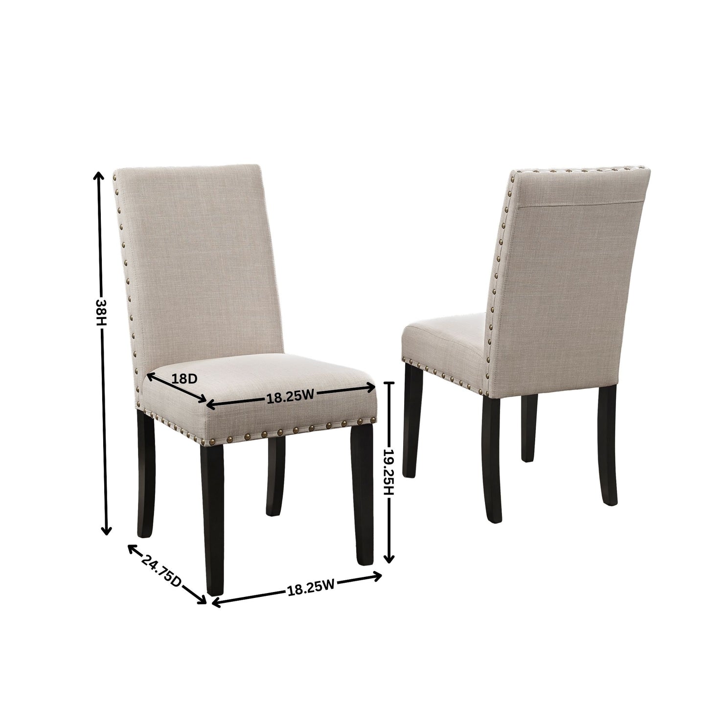 Beige linen dining chair with nailhead trim and dark wood legs