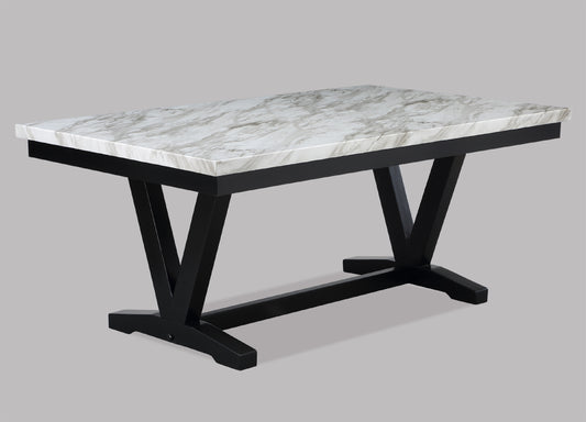 Rectangular dining table with faux marble top and black pedestal base