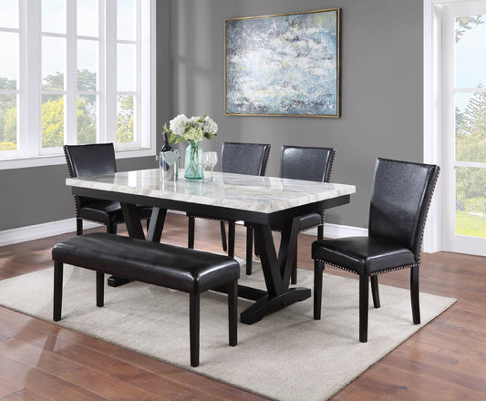 Marble top dining table with black leather chairs and bench