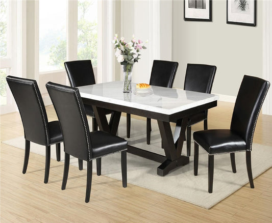 Modern marble dining table with six black faux leather chairs