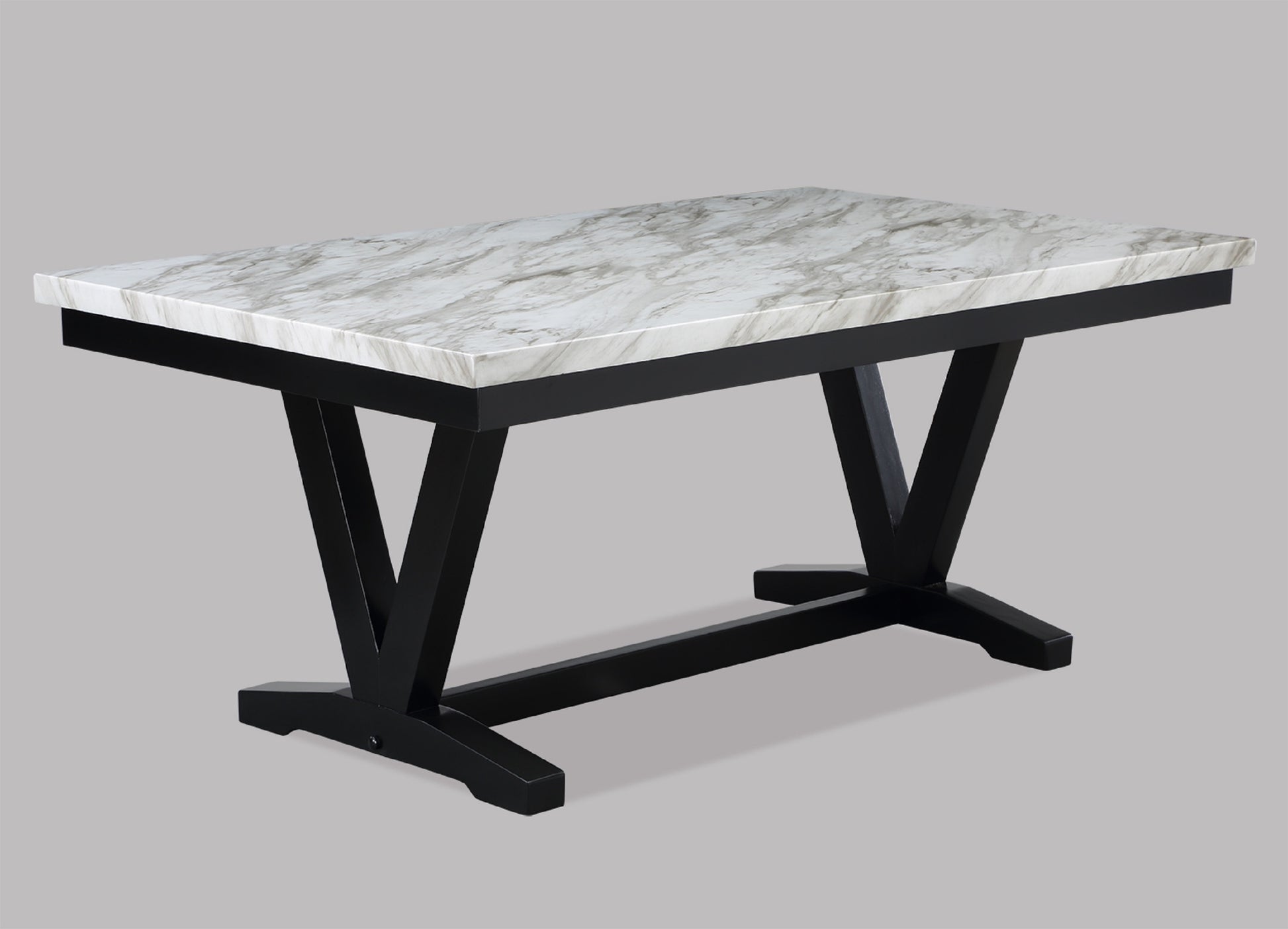 Modern dining table with marbled white and grey faux stone top and black metal base