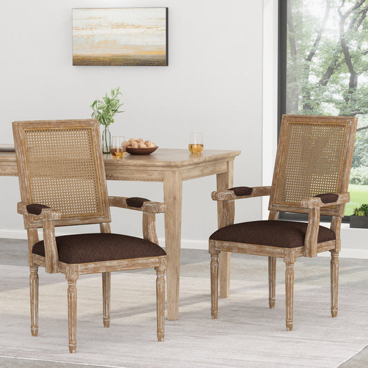 Elegant armchair with woven cane back and dark upholstered seat