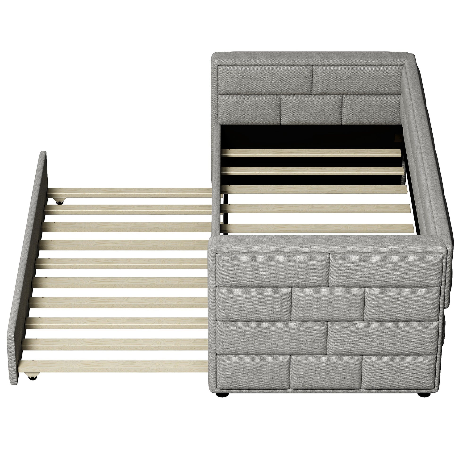 Gray fabric ottoman bed with slatted base extended