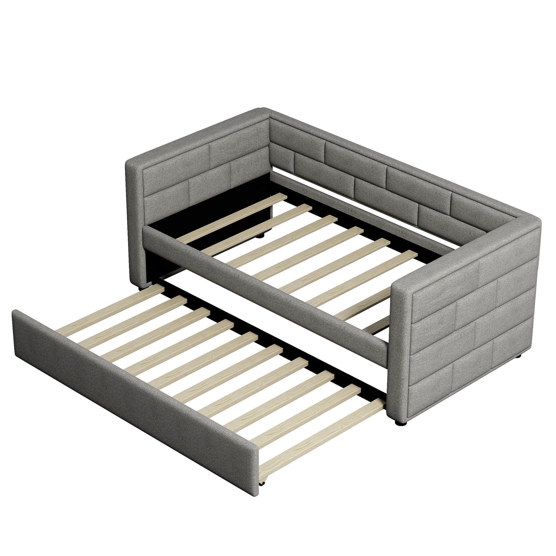 Gray fabric pullout couch with wooden slatted frame visible