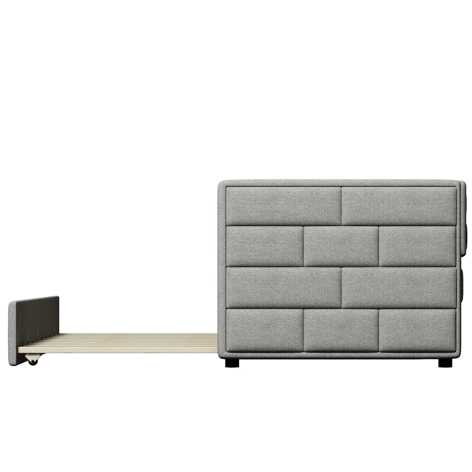Grey upholstered bed frame with slatted base