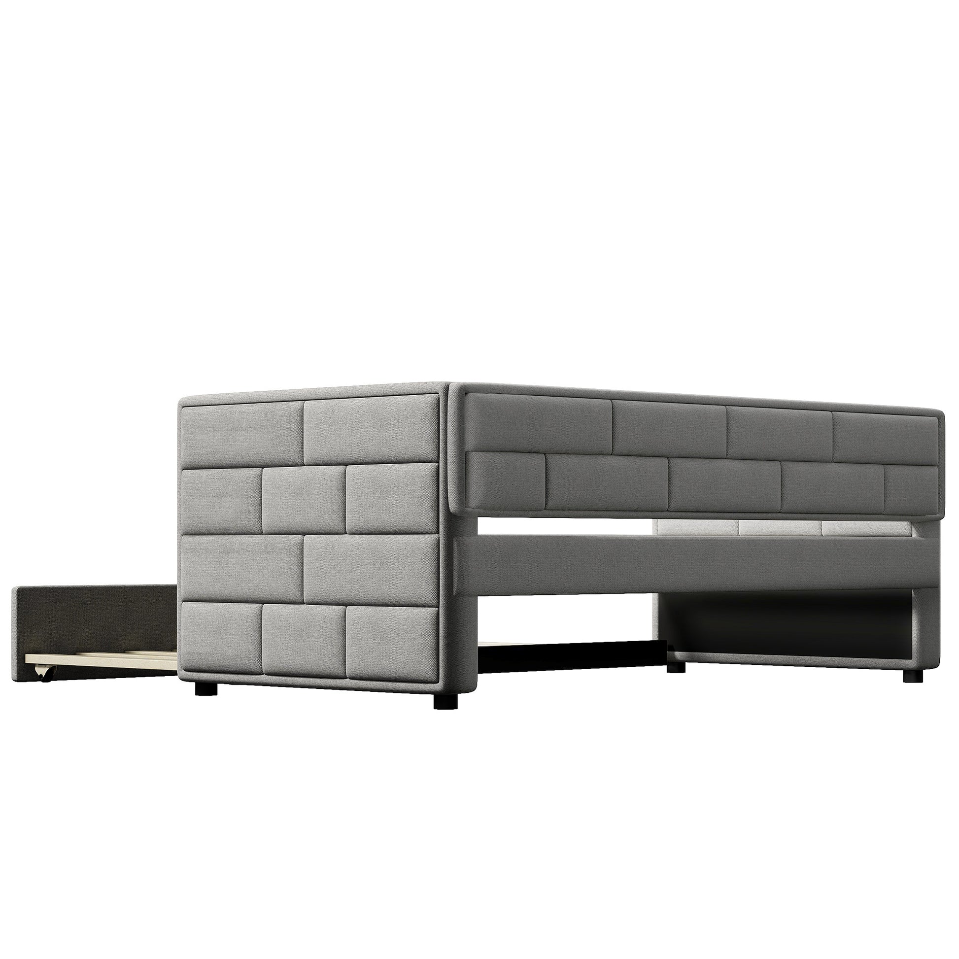 Modern grey upholstered bed frame with block design
