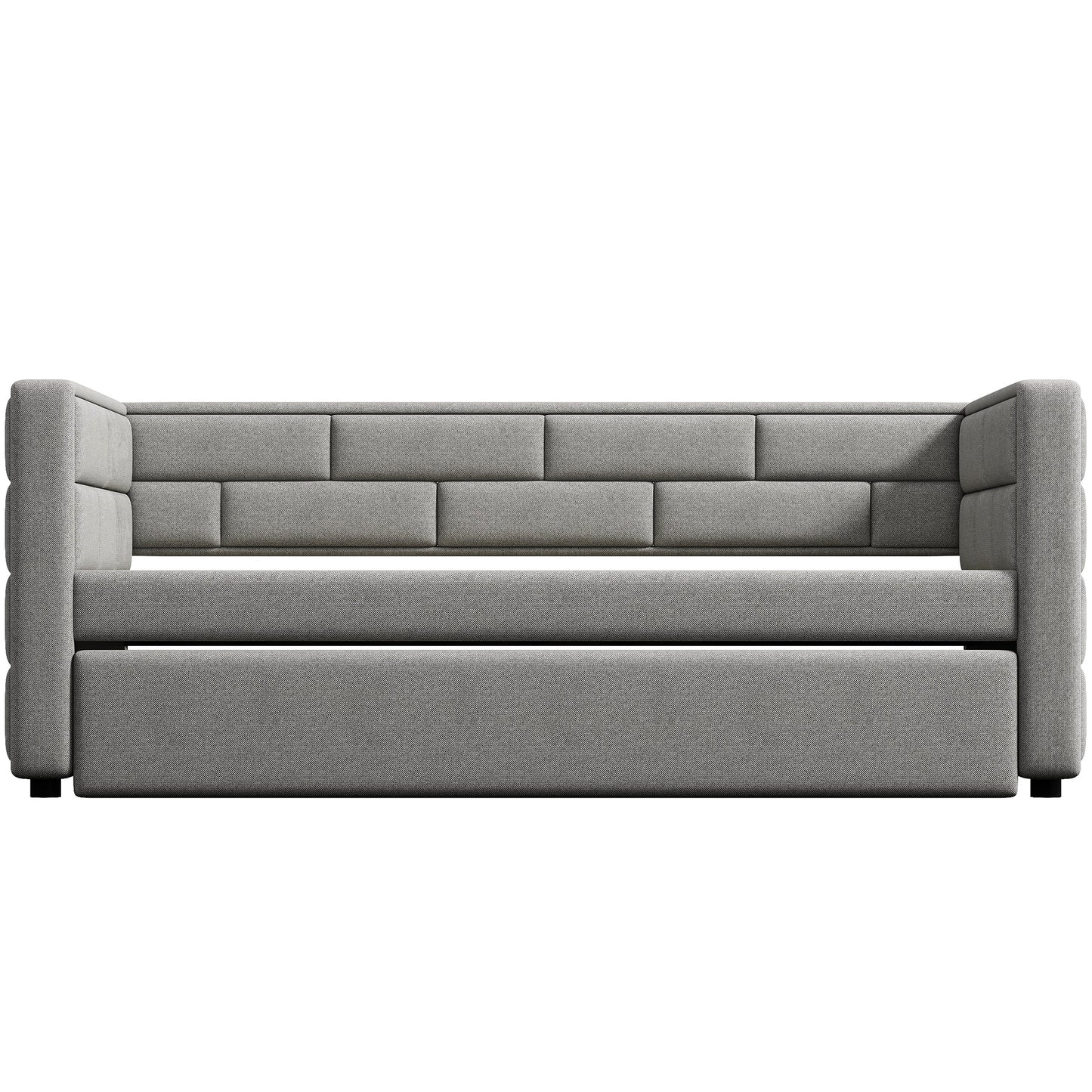 Gray upholstered sofa with tufted backrest and low profile