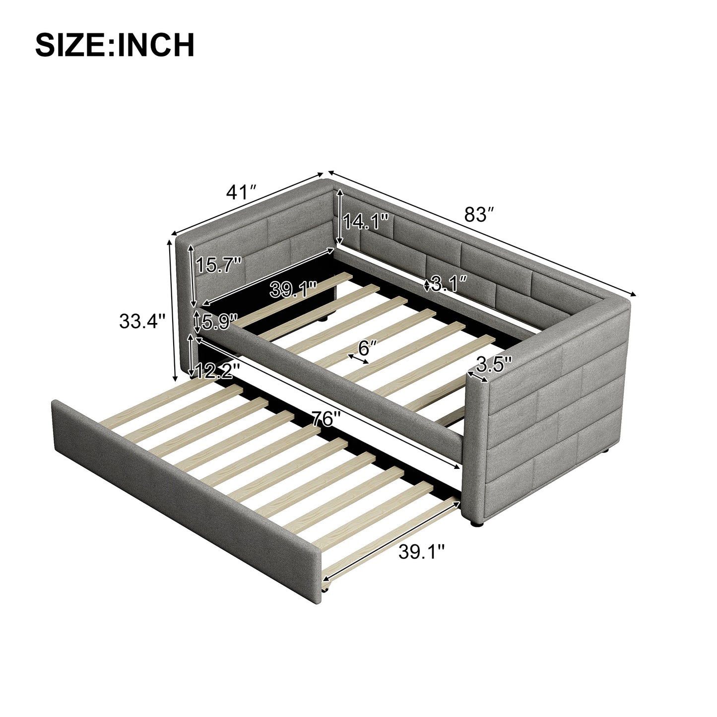 Gray upholstered sofa bed with pullout trundle and visible dimensions