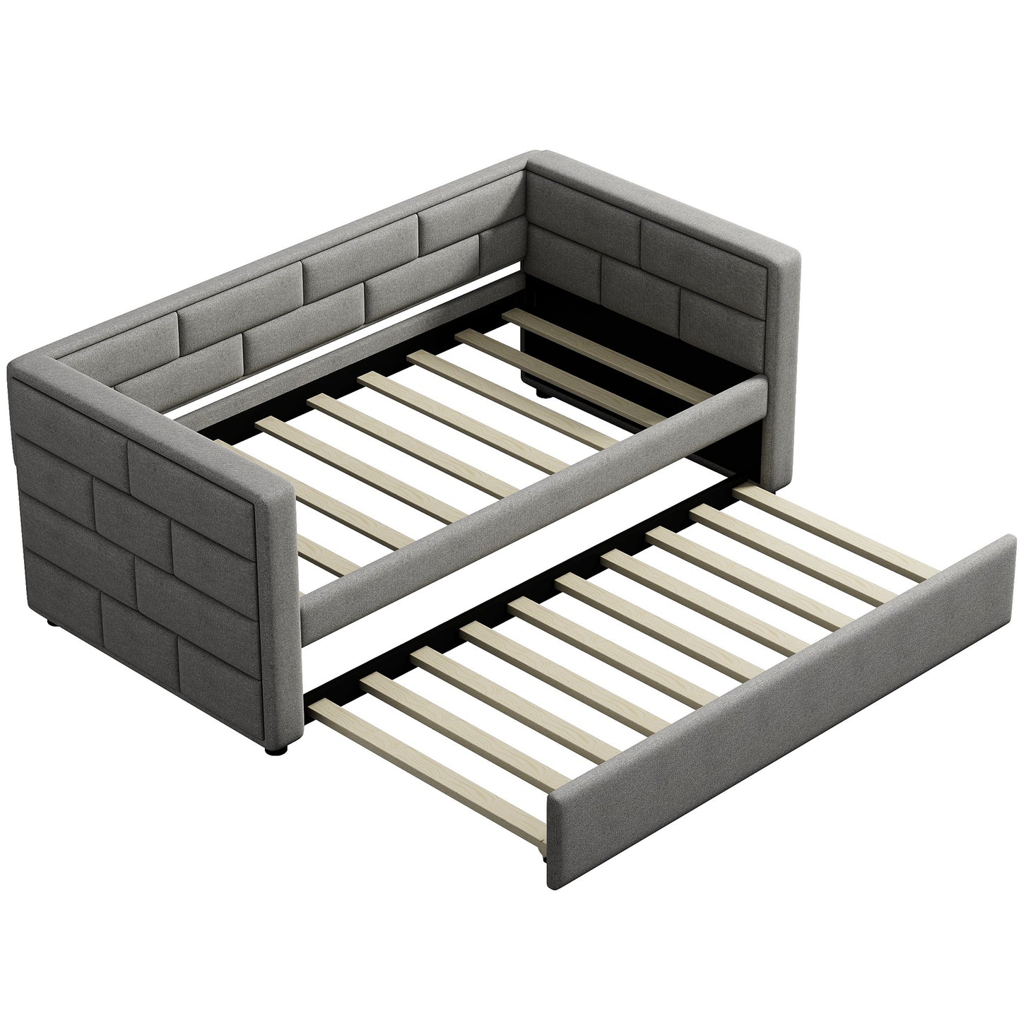 Gray upholstered daybed with pullout trundle frame
