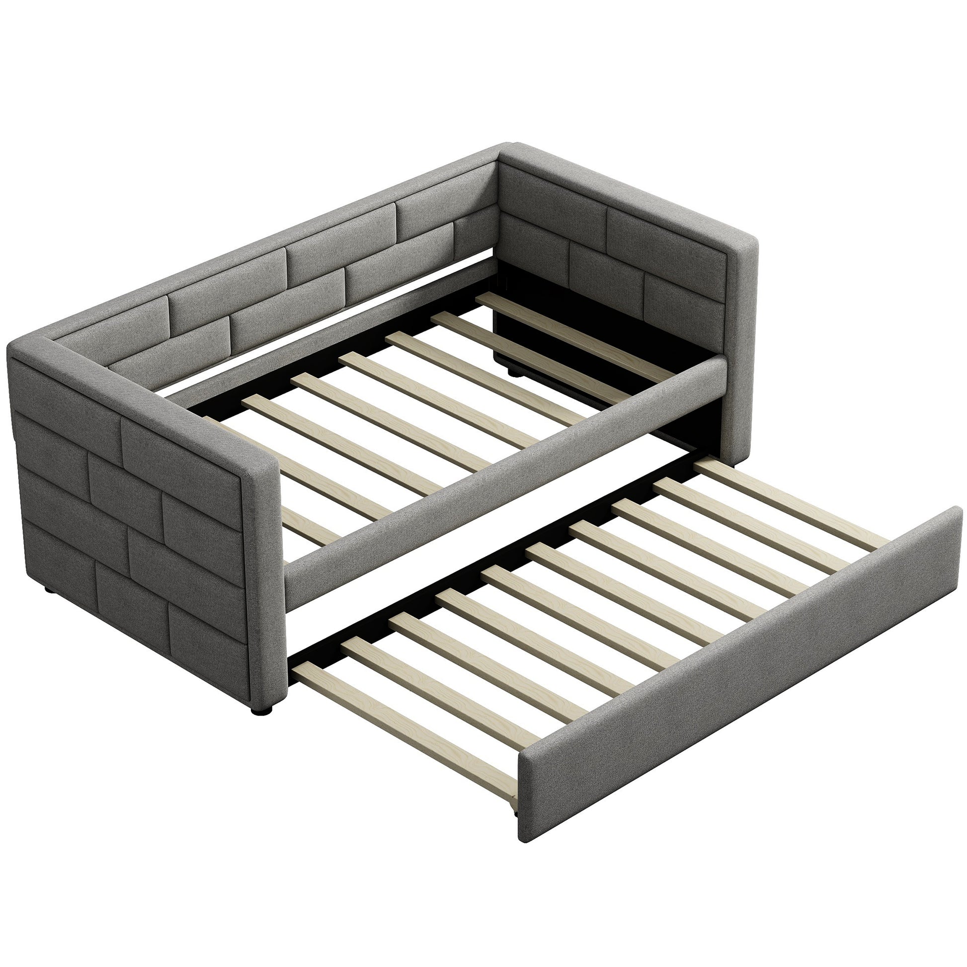 Gray upholstered daybed with pullout trundle frame