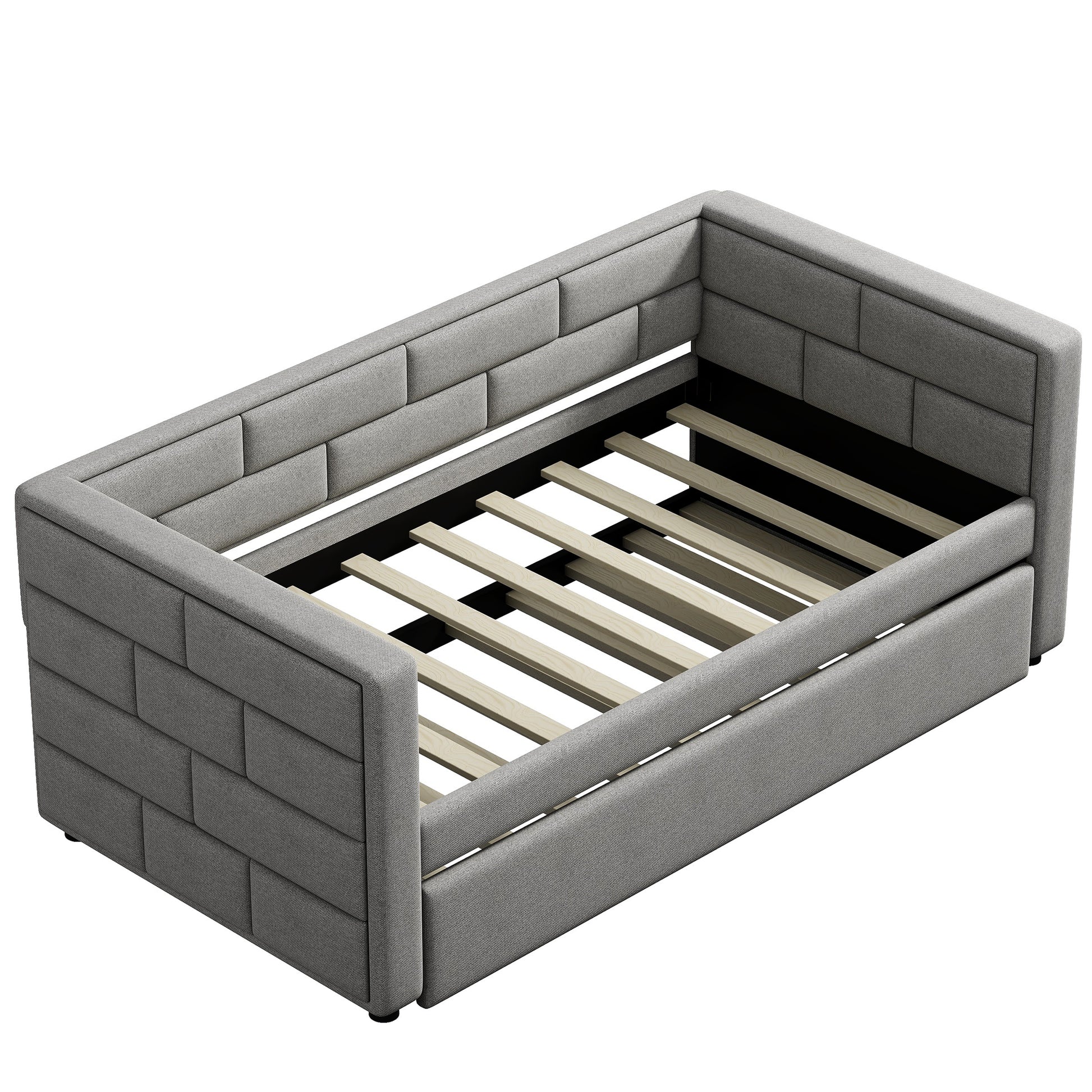 Gray upholstered daybed frame with wooden slats and tufted side panels