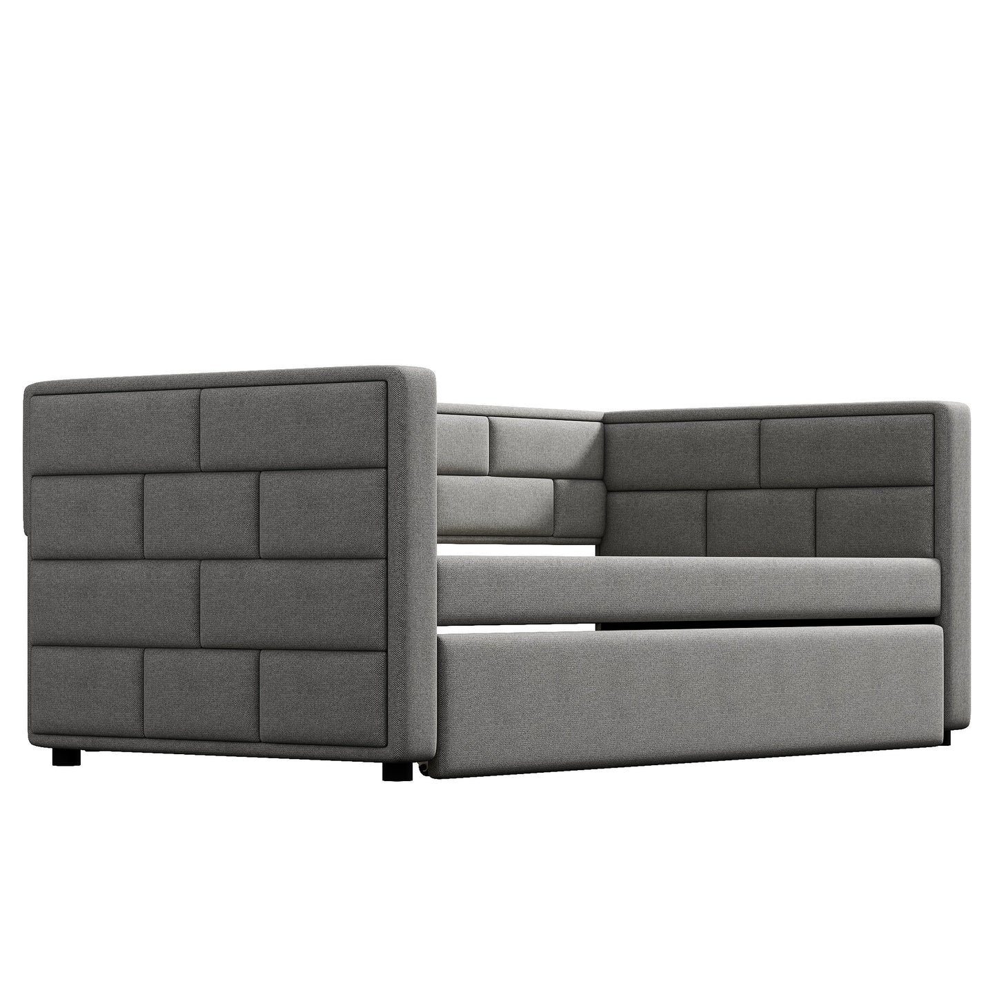 Grey upholstered sectional sofa with channel tufting