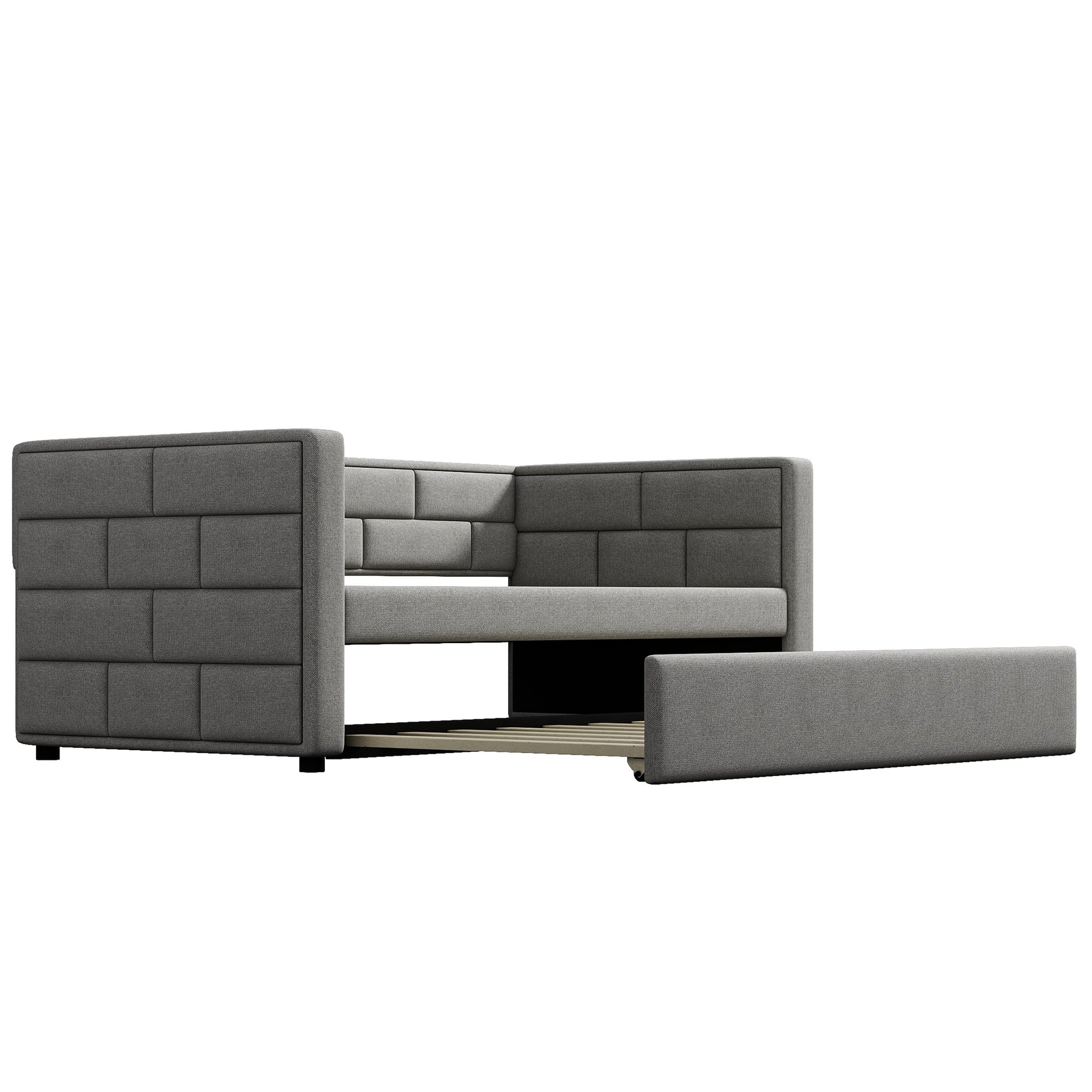Gray upholstered sofa bed with pullout trundle