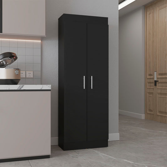 Tall black storage cabinet with two doors and silver handles ideal for pantry organization