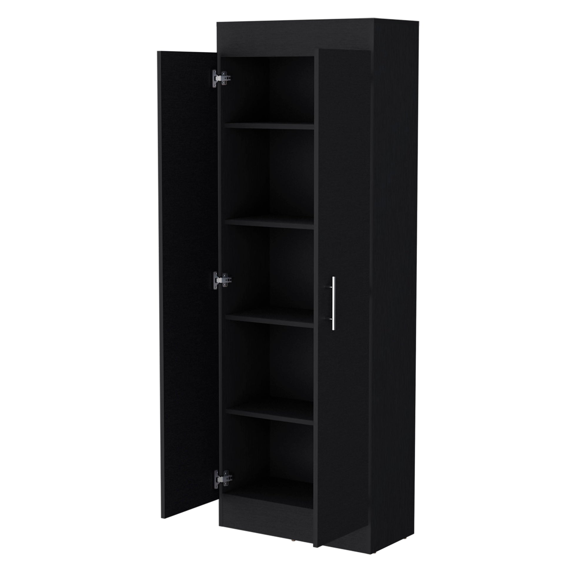 Black wood narrow cabinet with open doors and multiple shelves